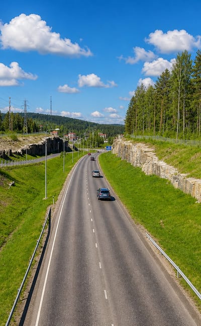 Main road cut through rock and forest towards apartment blocks in Ristonmaa, Jyväskylä.