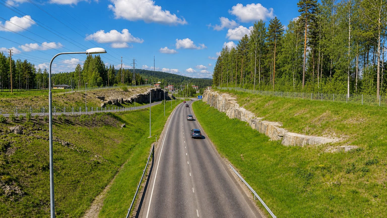 Main road cut through rock and forest towards apartment blocks in Ristonmaa, Jyväskylä.