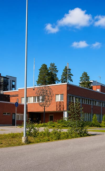 Red-brick service building and apartment blocks lining a quiet street in Savela, Jyväskylä.