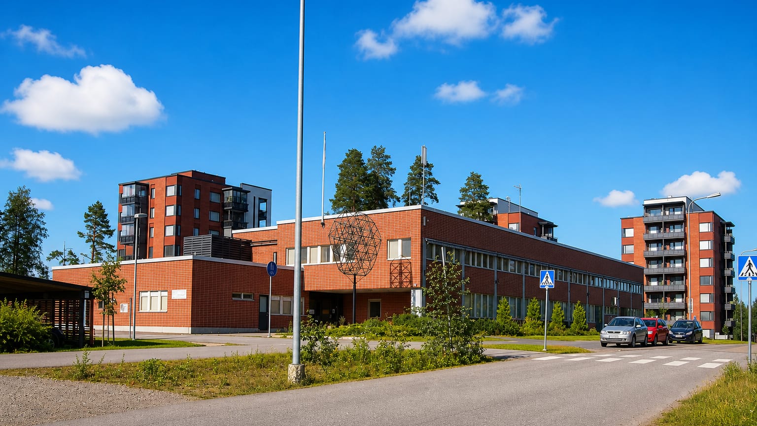 Red-brick service building and apartment blocks lining a quiet street in Savela, Jyväskylä.
