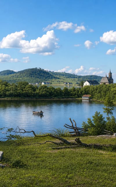 Calm lake at Karstula, Finland, with forested shores, a distant church spire and a rowboat under a blue summer sky.