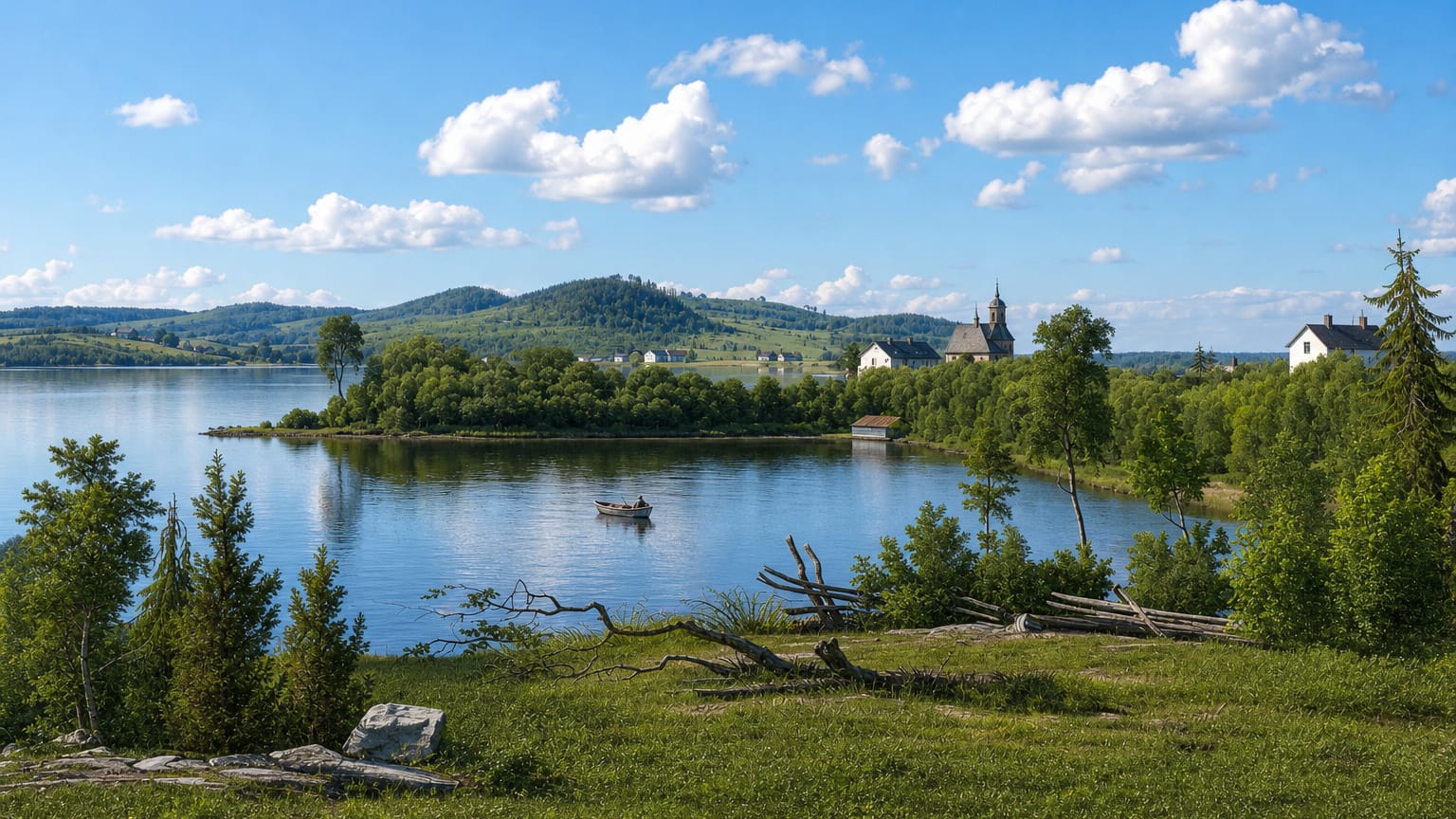 Calm lake at Karstula, Finland, with forested shores, a distant church spire and a rowboat under a blue summer sky.