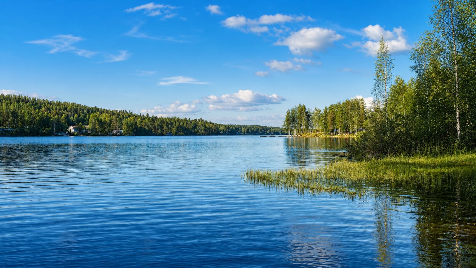 Calm blue lake ringed by spruce forest and birch trees under a bright summer sky at Keuruu, Finland.