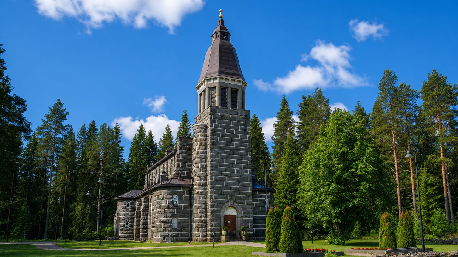 Konnevesi's grey granite church with a tall tower and copper spire ringed by pine forest in central Finland.