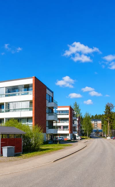 Residential street lined with modern apartment blocks and birch trees in Laukaa, Finland.