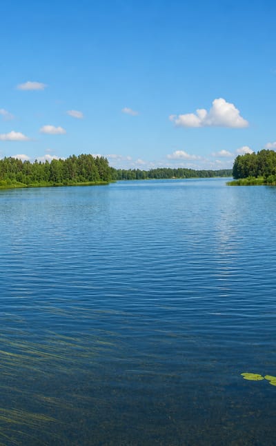 Calm forest-fringed lake under a blue summer sky with scattered clouds at Luhanka, Central Finland.