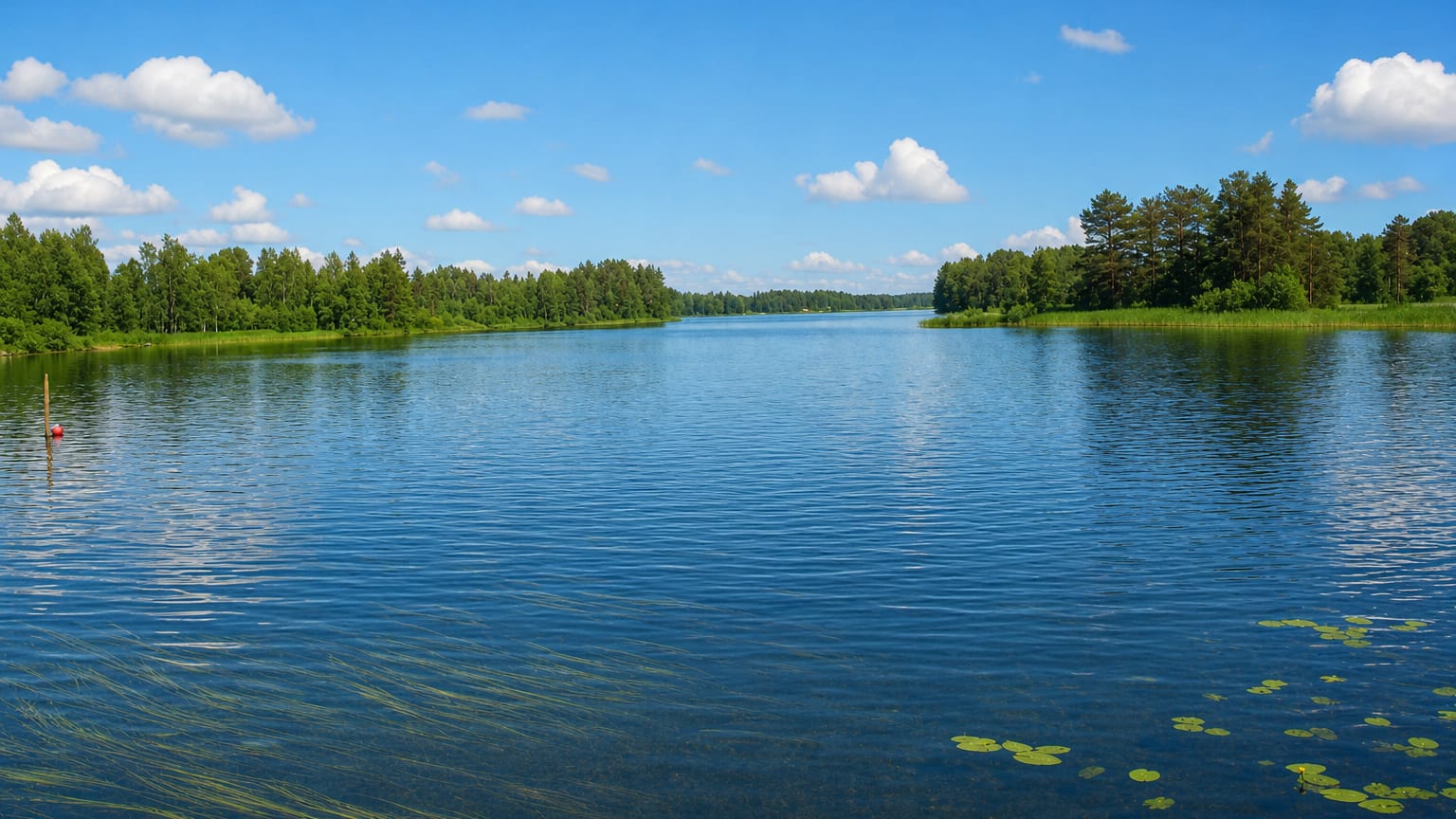 Calm forest-fringed lake under a blue summer sky with scattered clouds at Luhanka, Central Finland.