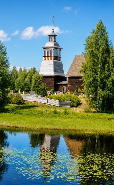 Petäjävesi Old Church, a wooden UNESCO-listed church and belfry reflected in a calm summer lake, Finland.