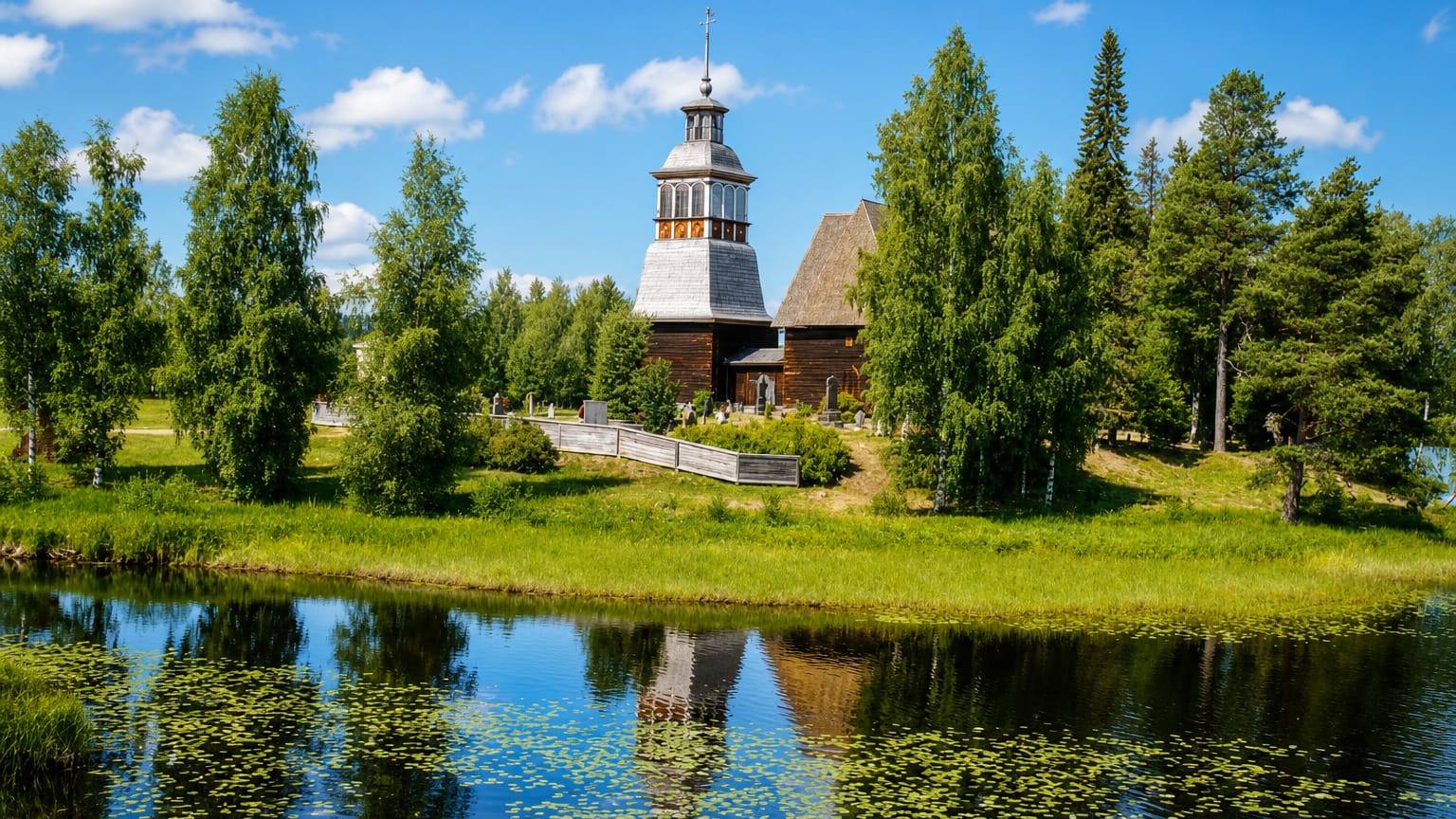Petäjävesi Old Church, a wooden UNESCO-listed church and belfry reflected in a calm summer lake, Finland.