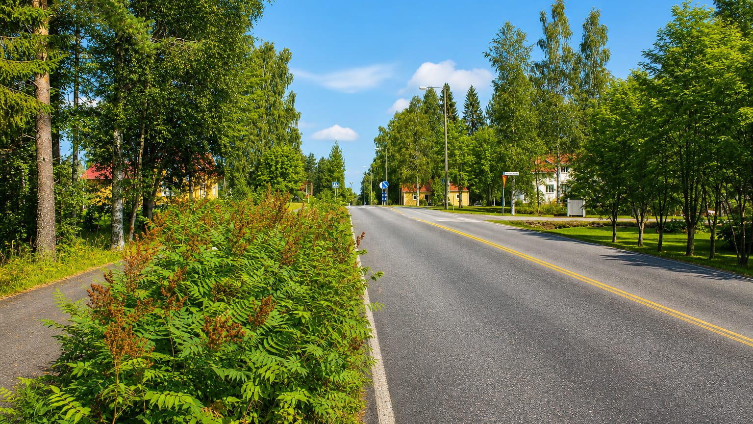 Green roadside verge and a country road passing wooden buildings under a blue sky in Pylkönmäki, Finland