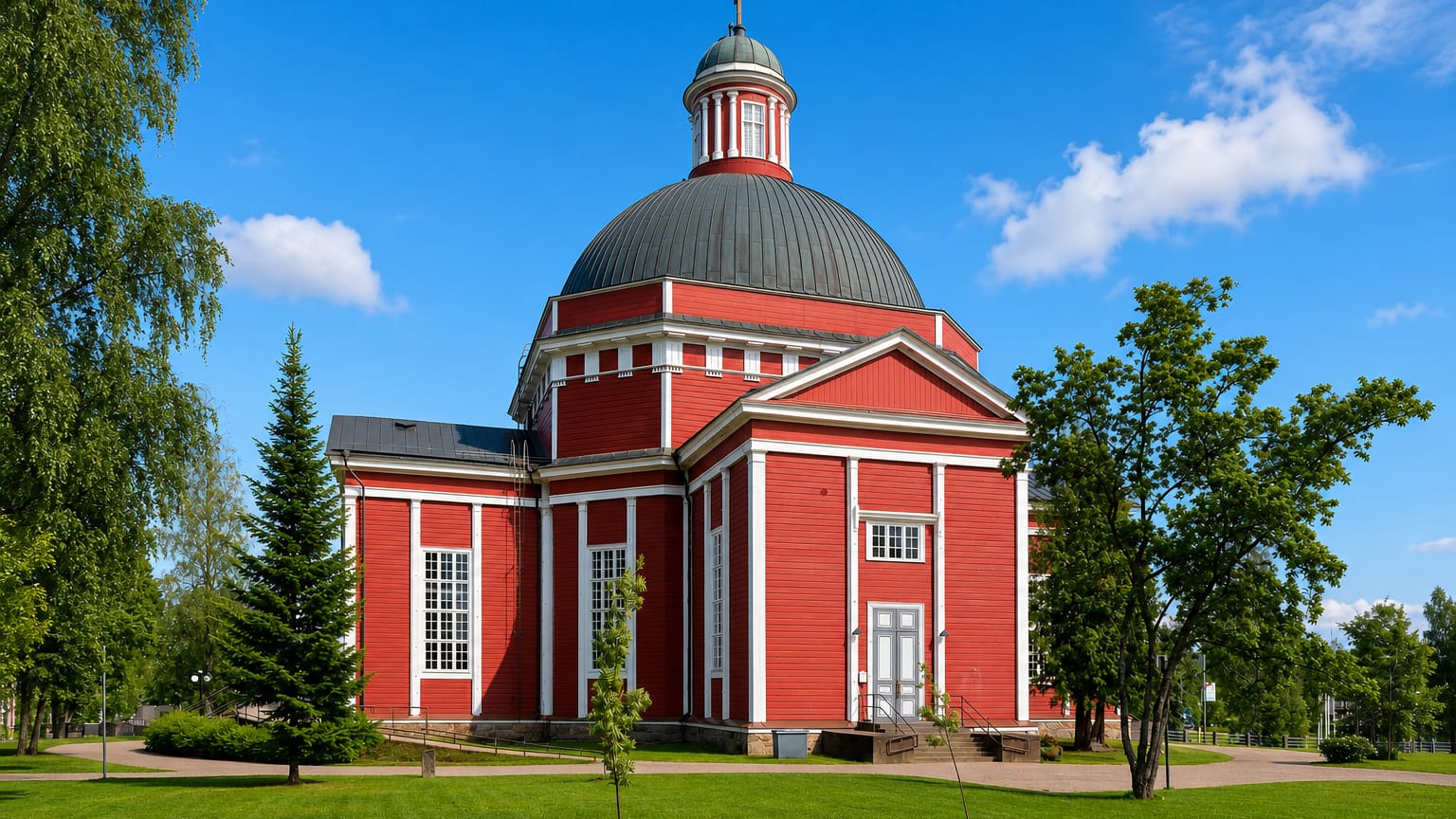 Red wooden neoclassical church with a dark dome set in green grounds in Saarijärvi, Finland.