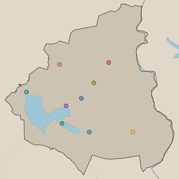 Map of Kainuu showing its numbered towns and cities