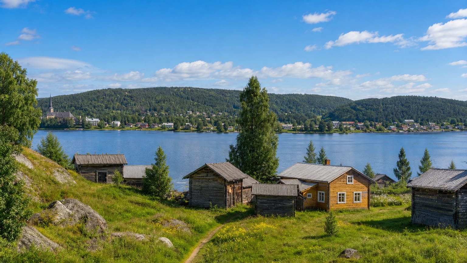 Traditional wooden log buildings on a grassy lakeshore in Paltamo, Finland, with a church spire across the Oulujärvi bay