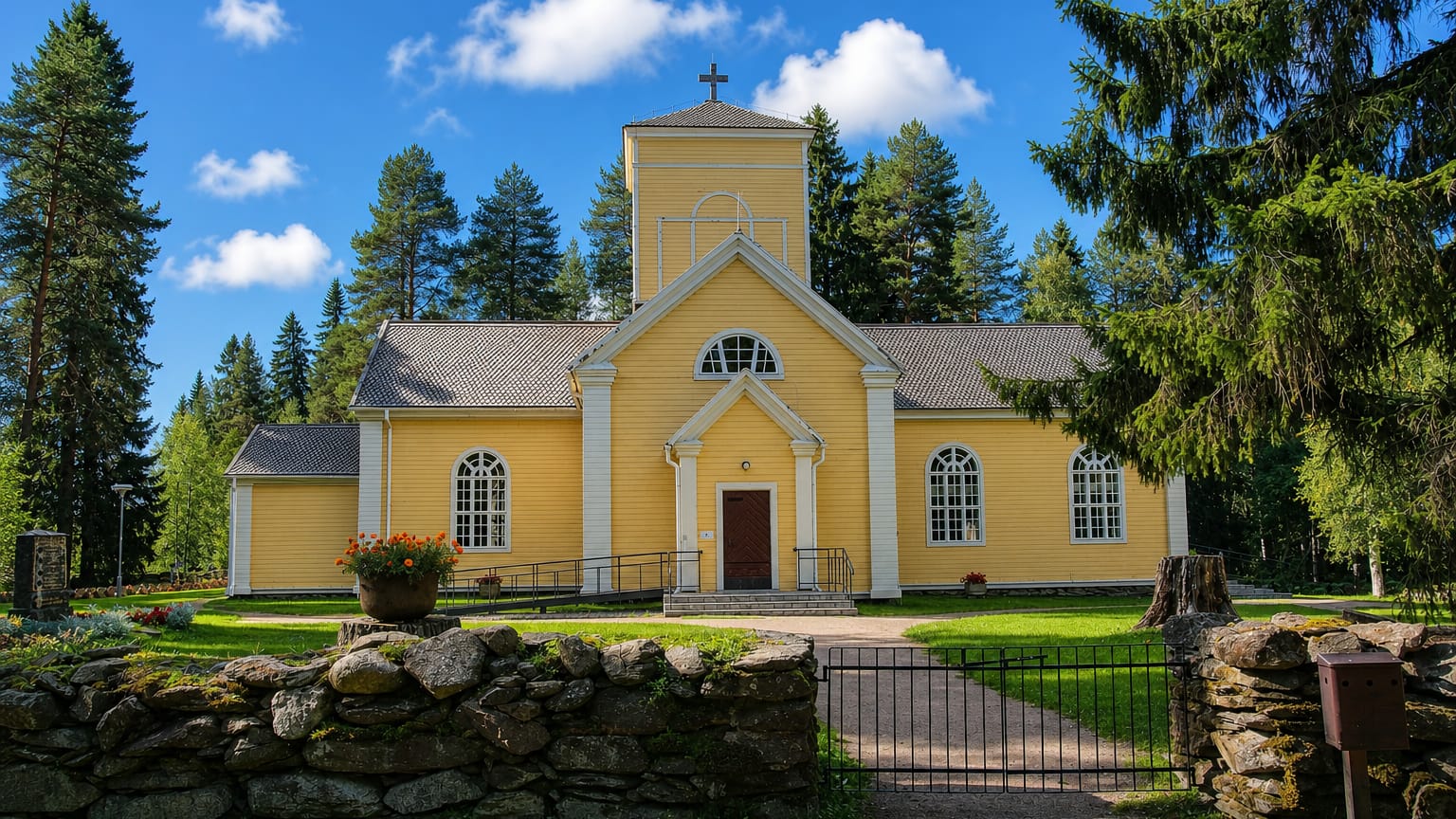 Ristijärvi's yellow wooden church behind a stone wall and iron gate on a summer day.
