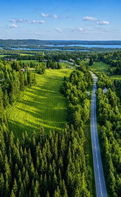 Aerial view of forests, farmland and lakes around Sotkamo in Finland's Kainuu region.
