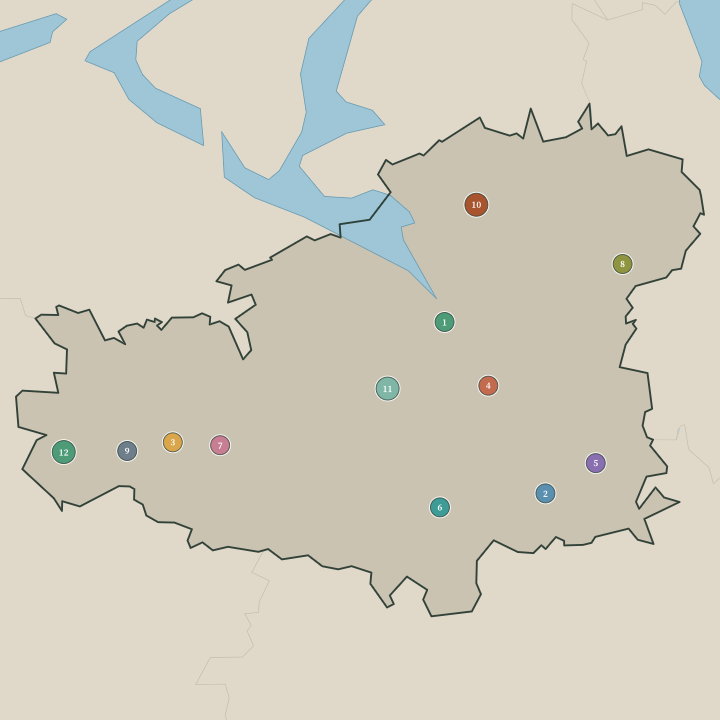 Map of Kanta-Häme showing its numbered towns and cities