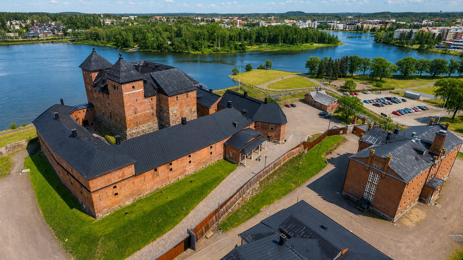 Aerial view of the red-brick medieval Häme Castle beside the lake with the town beyond in Hämeenlinna, Finland.