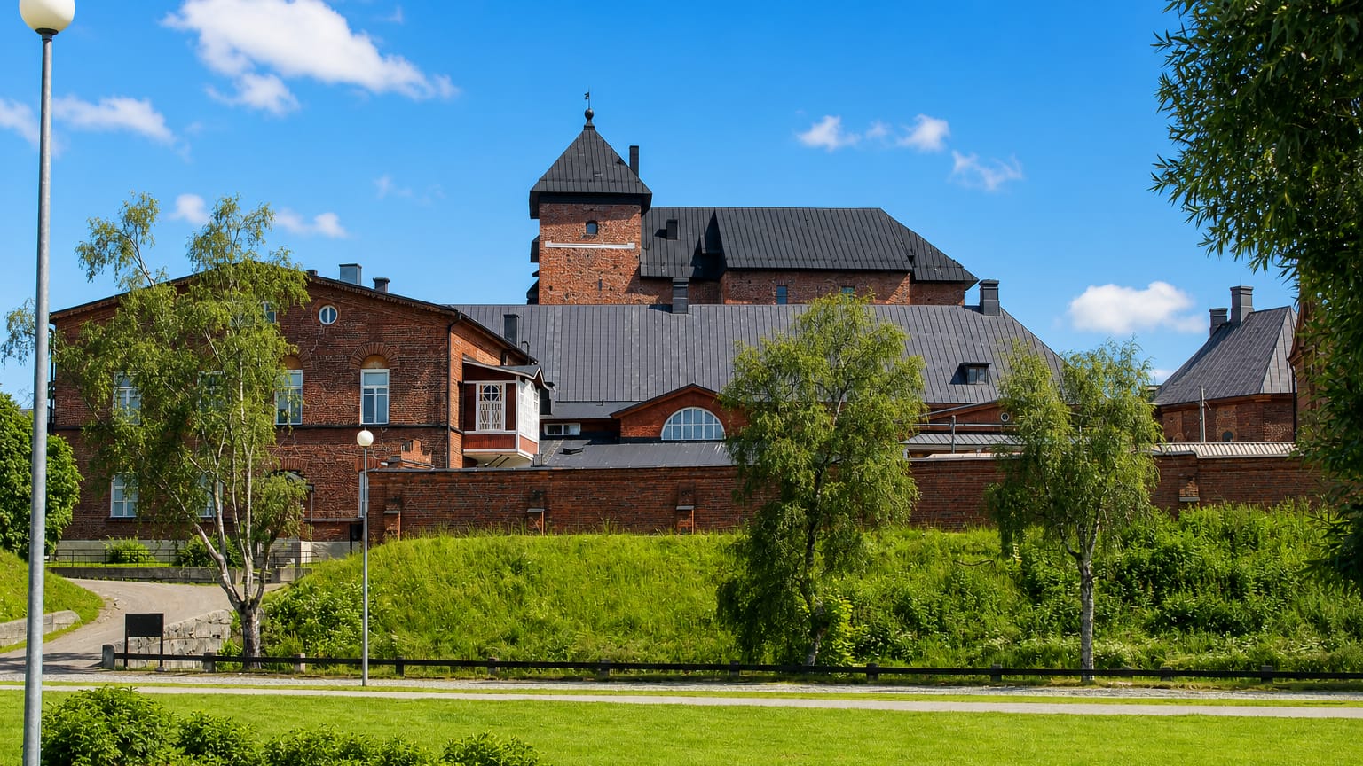 Linnanniemi in Hämeenlinna, where the red-brick castle and its walled outbuildings stand above a green park.