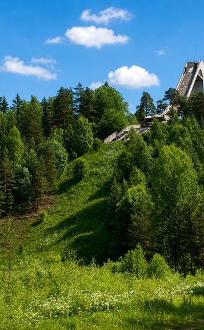 Wooded green hillside at Pullerinmaki, Hameenlinna, with a concrete tower rising above the treetops.