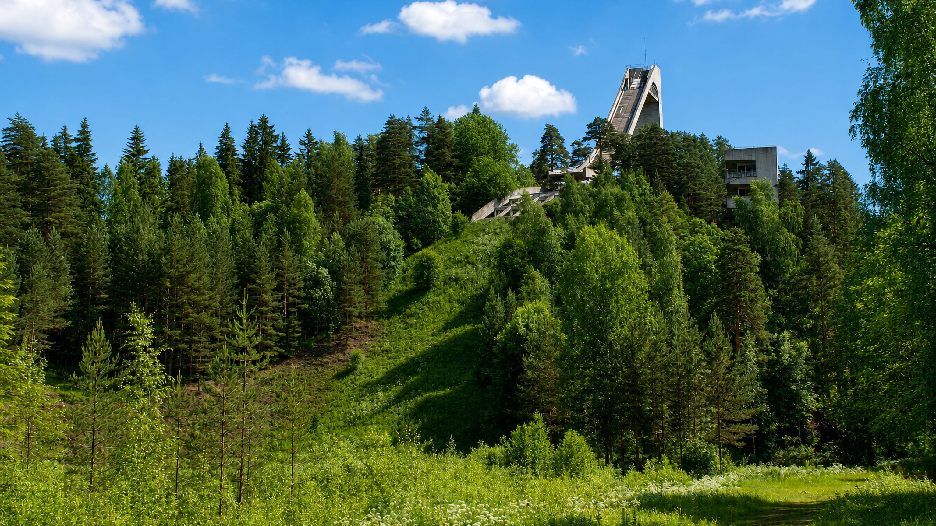 Wooded green hillside at Pullerinmaki, Hameenlinna, with a concrete tower rising above the treetops.