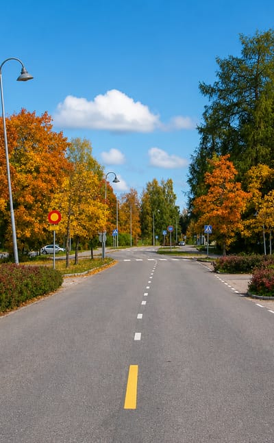 Autumn-lined main street past a green-tiled commercial building in Hausjarvi, Finland.