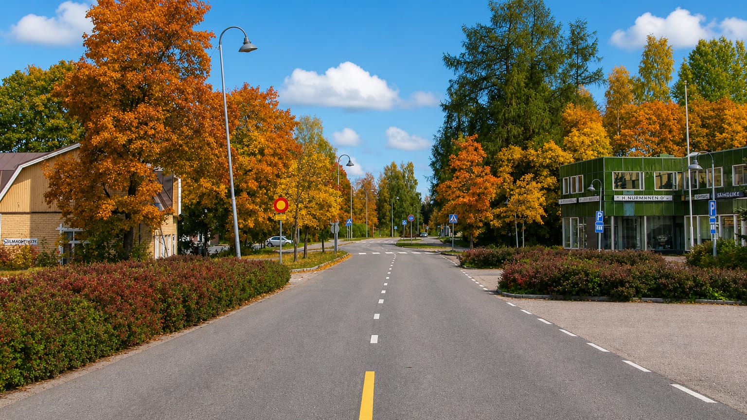 Autumn-lined main street past a green-tiled commercial building in Hausjarvi, Finland.
