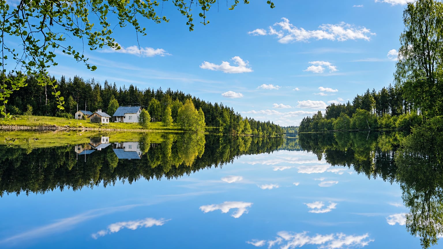 Calm forest-lined lake in Janakkala, Finland, with a pale lakeside cottage mirrored in still blue water