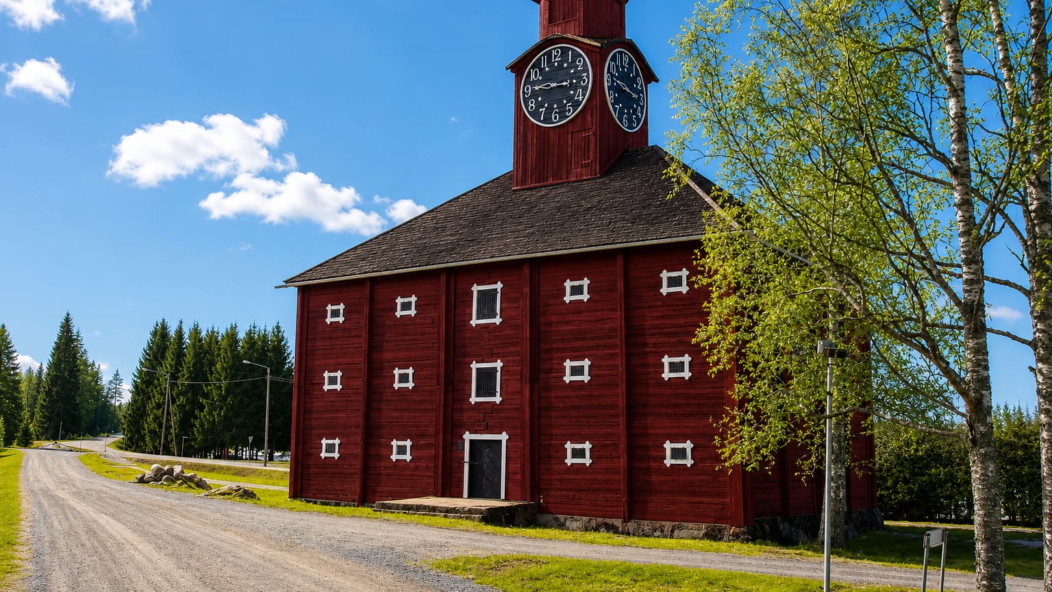 Jokioinen's distinctive red wooden granary with a twin-faced clock tower beside a gravel road in summer.