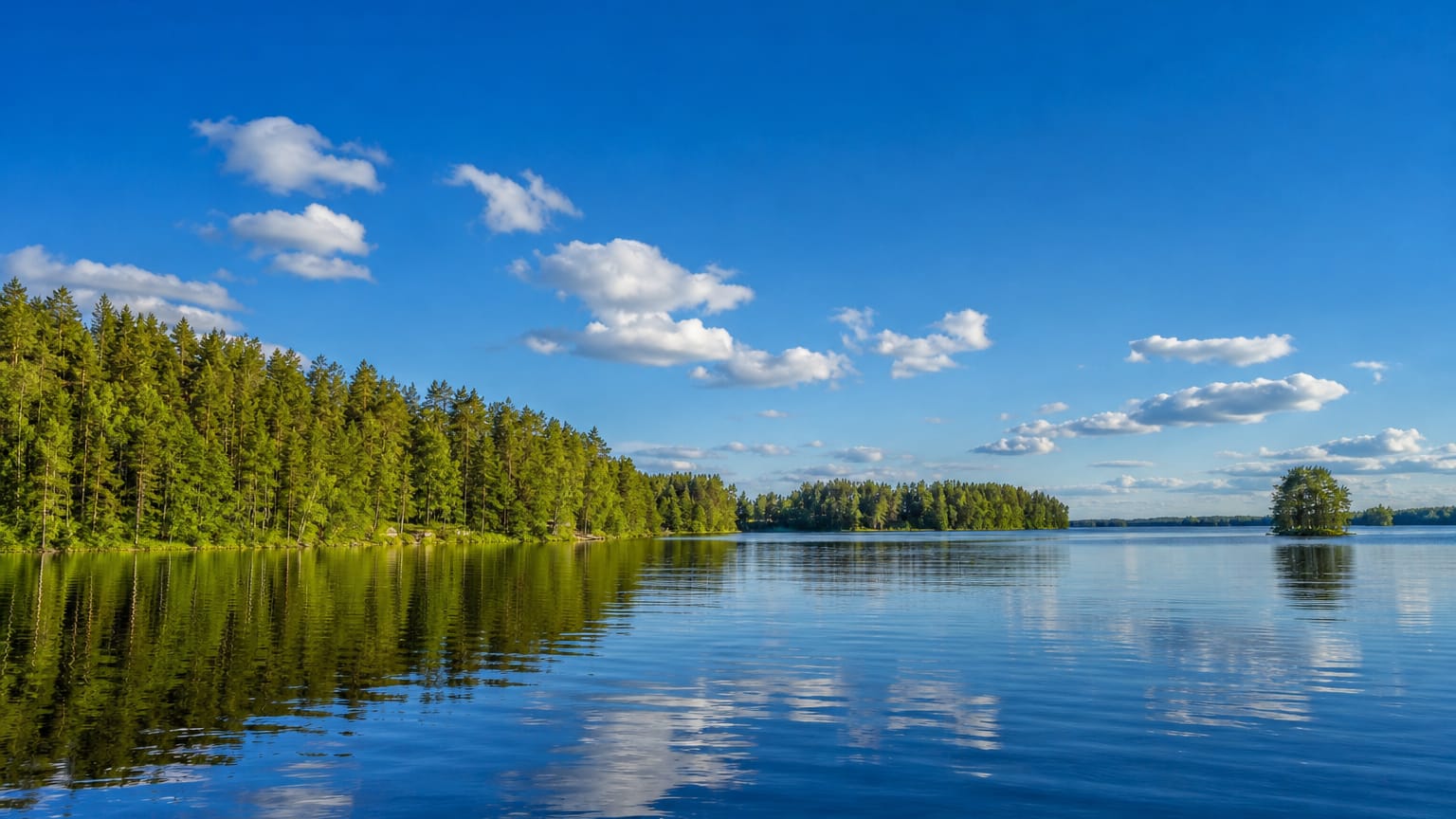 Calm forested lake with a pine-lined shore reflecting a blue, cloud-dotted sky near Lammi, Finland.