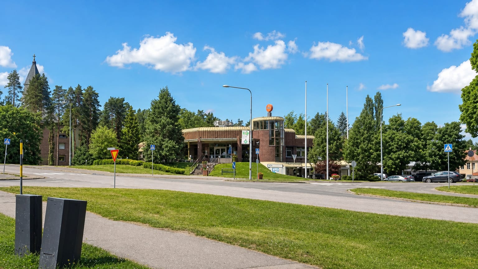 Loppi village centre with its church tower and modern brick community building across a junction, Finland.