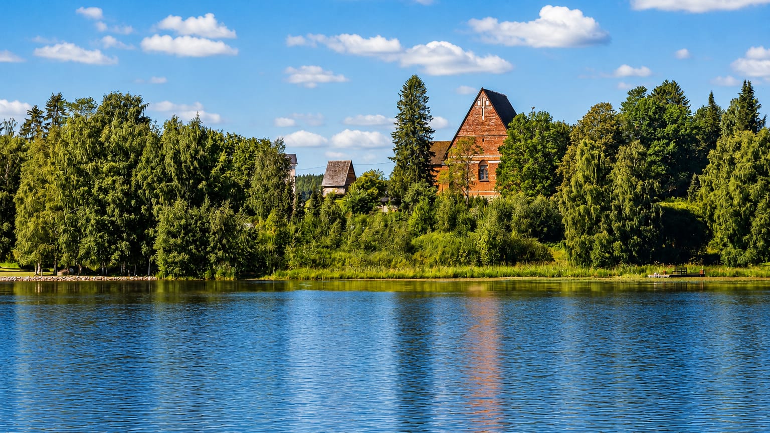 Red-brick church gable rising above a wooded shoreline across a calm lake at Parola, Finland, under a bright summer sky.