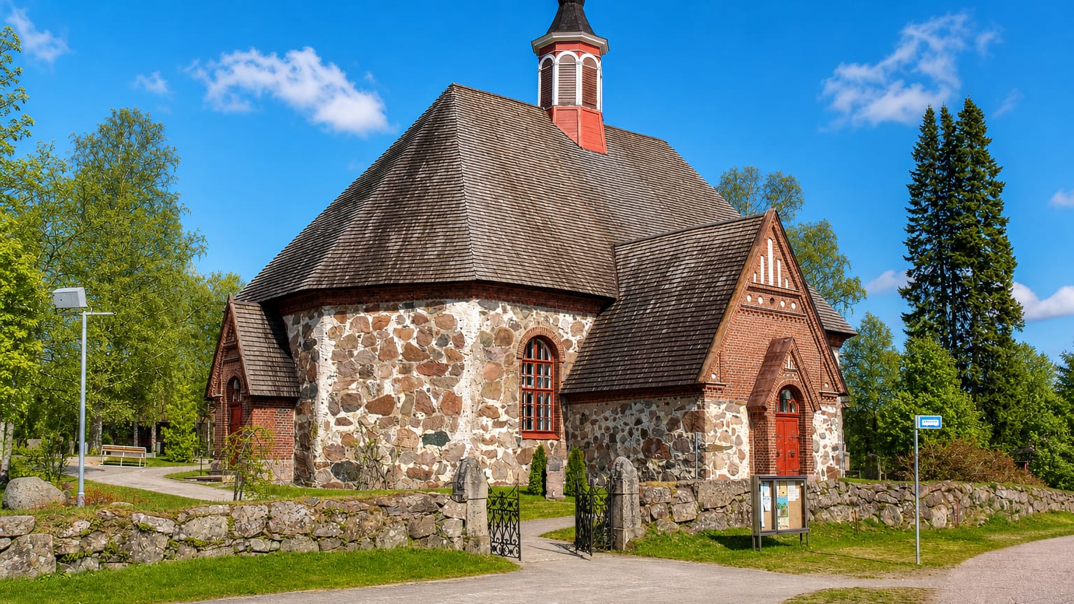 Medieval fieldstone church with a red belfry tower and shingled roof in Renko, Finland.