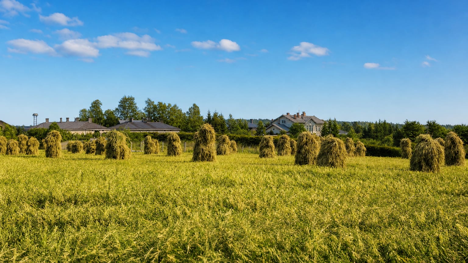 Sunlit hay-drying racks in a green field with farmhouses and forest under a blue sky in Tammela, Finland.
