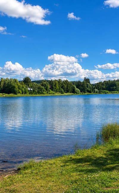 Calm blue lake ringed by green forest and scattered lakeside cottages under a bright summer sky in Tuulos, Finland.