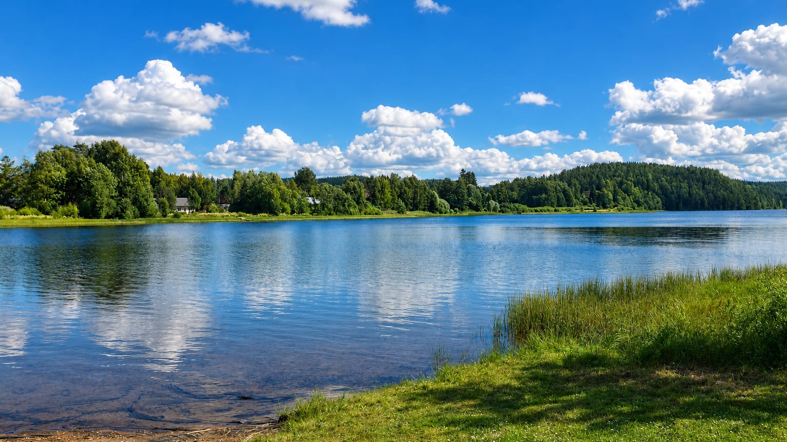 Calm blue lake ringed by green forest and scattered lakeside cottages under a bright summer sky in Tuulos, Finland.