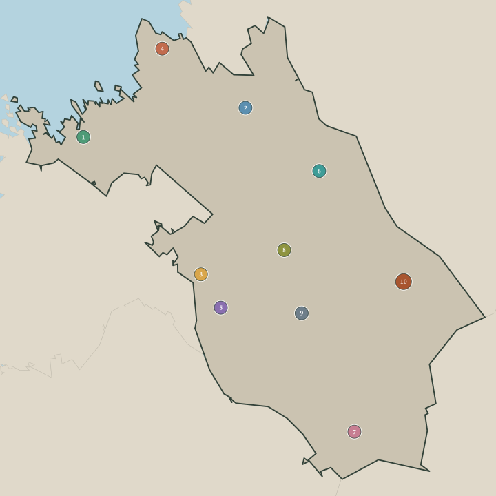 Map of Keski-Pohjanmaa showing its numbered towns and cities