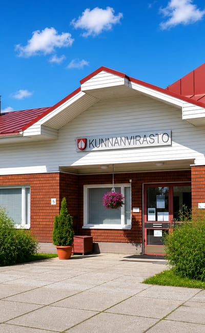 The brick municipal office (kunnanvirasto) of Halsua in Central Ostrobothnia under a clear summer sky.