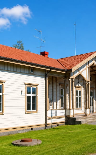 Historic cream wooden station building with a red tile roof in Kannus, Finland.