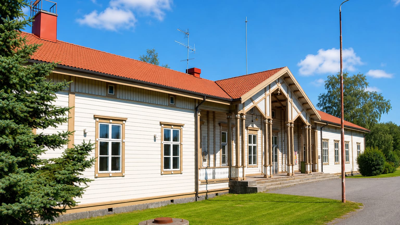 Historic cream wooden station building with a red tile roof in Kannus, Finland.