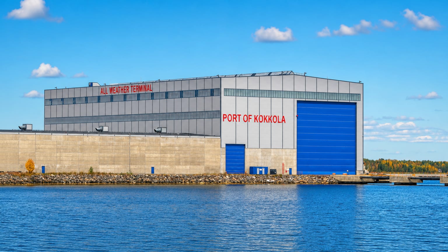 Port of Kokkola All Weather Terminal beside the harbour water under a clear blue sky, autumn trees on the far shore