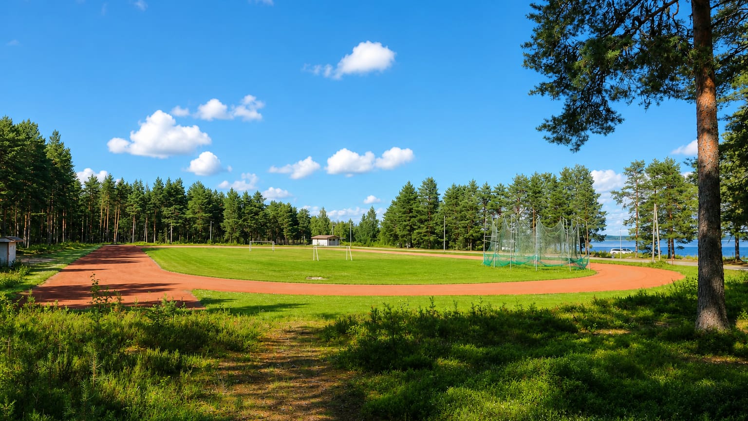 Running track and sports field beside a lake ringed by pine forest in Lestijärvi, Finland.