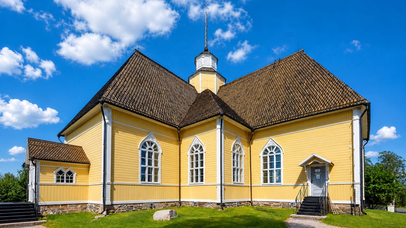 Yellow wooden church with a shingled roof, central lantern spire and Gothic-arched windows in Lohtaja, Finland.