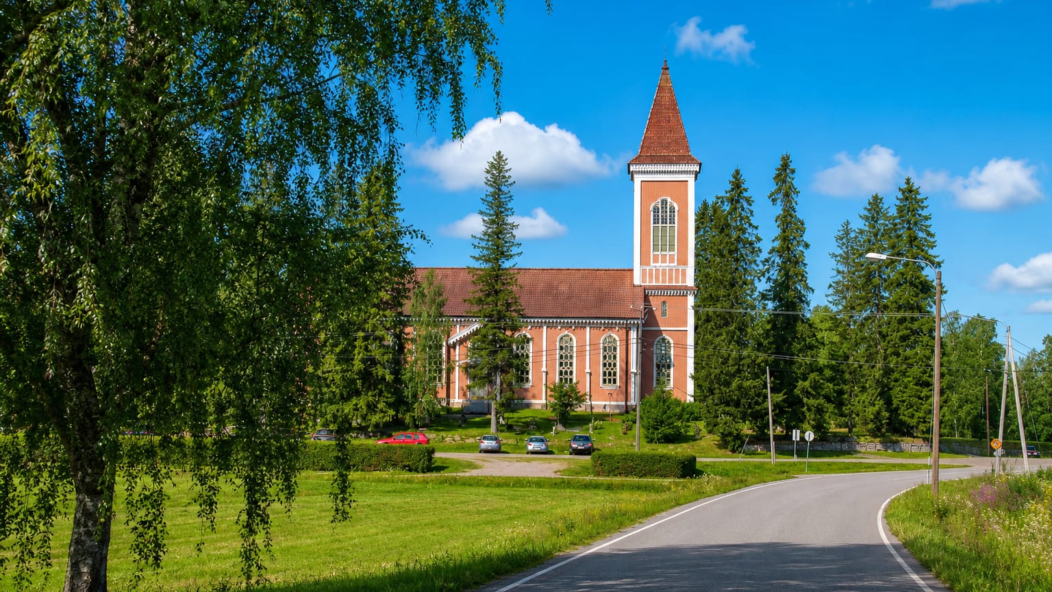 Red-brick church with a tall spire beside a curving road in Toholampi under a bright blue sky.