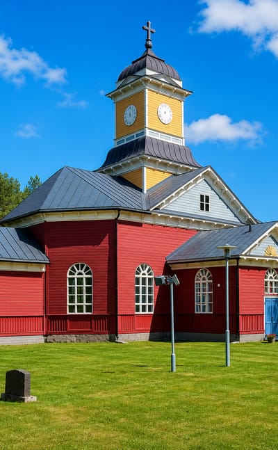 Ullava's red wooden church topped by a yellow clock tower under a clear blue summer sky.
