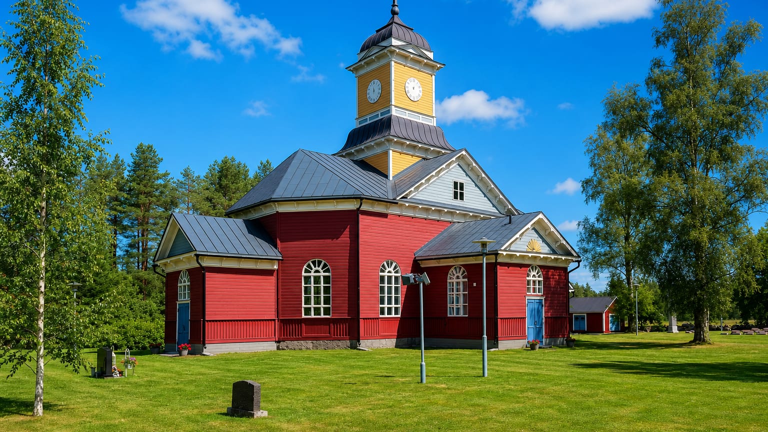 Ullava's red wooden church topped by a yellow clock tower under a clear blue summer sky.