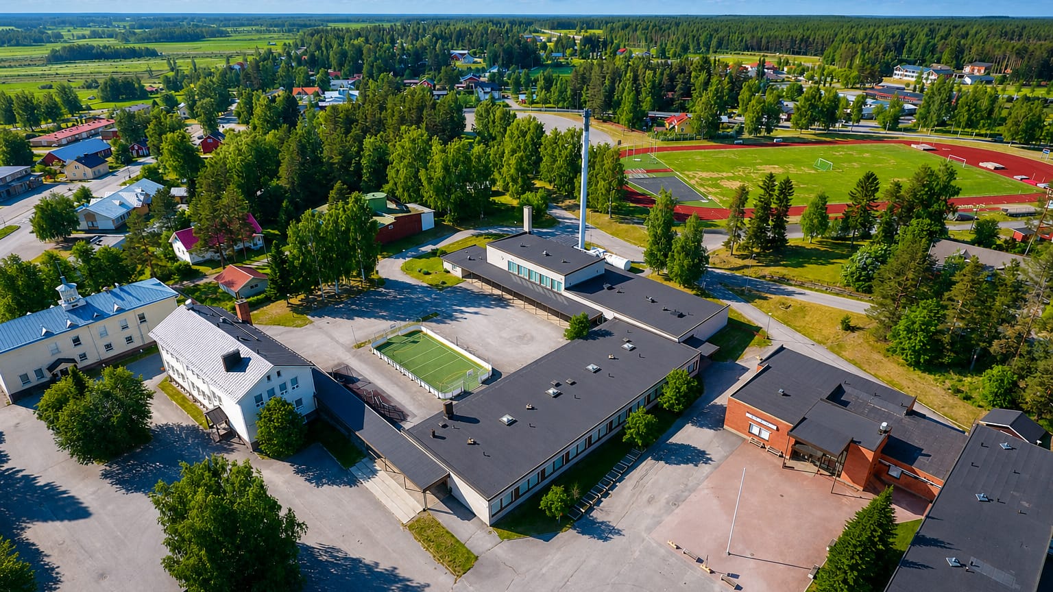 Aerial view of Veteli town centre in Central Ostrobothnia, Finland, with a school complex, running track and football pitch amid fields and forest