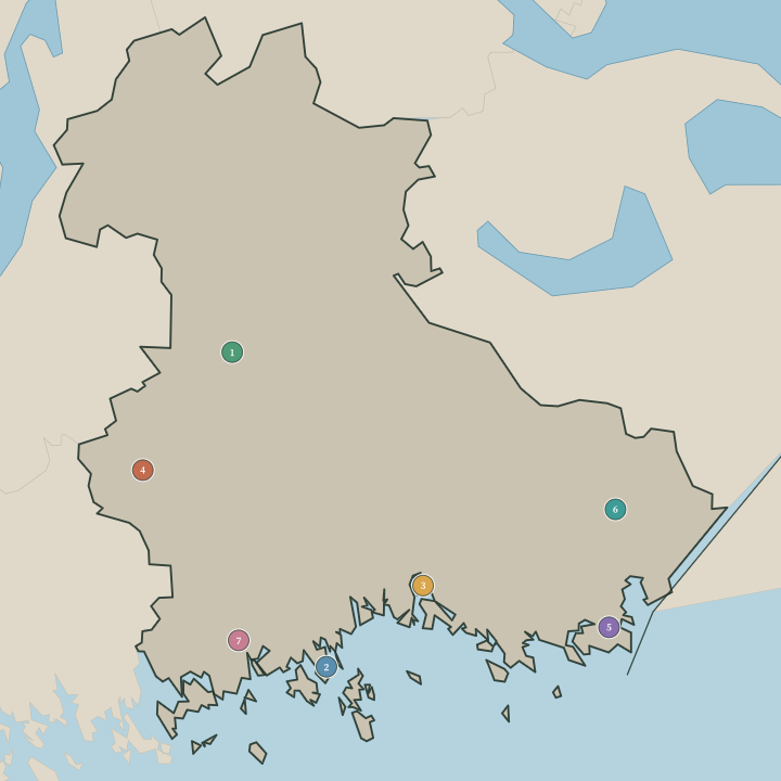Map of Kymenlaakso showing its numbered towns and cities