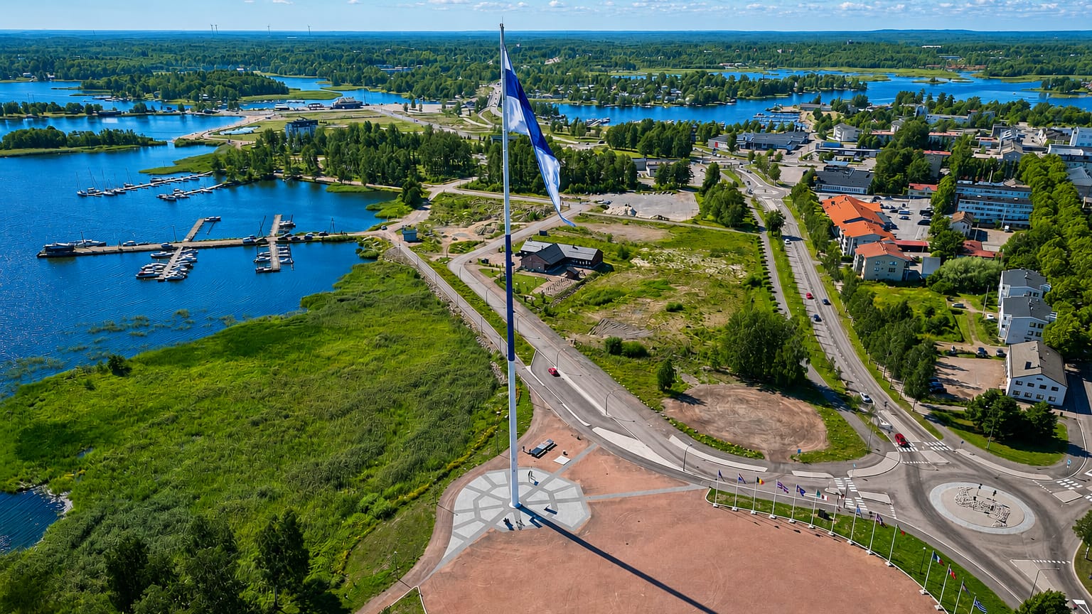 Aerial view of Hamina, Finland, with a giant Finnish flag over a circular waterfront plaza, marina and Gulf archipelago.