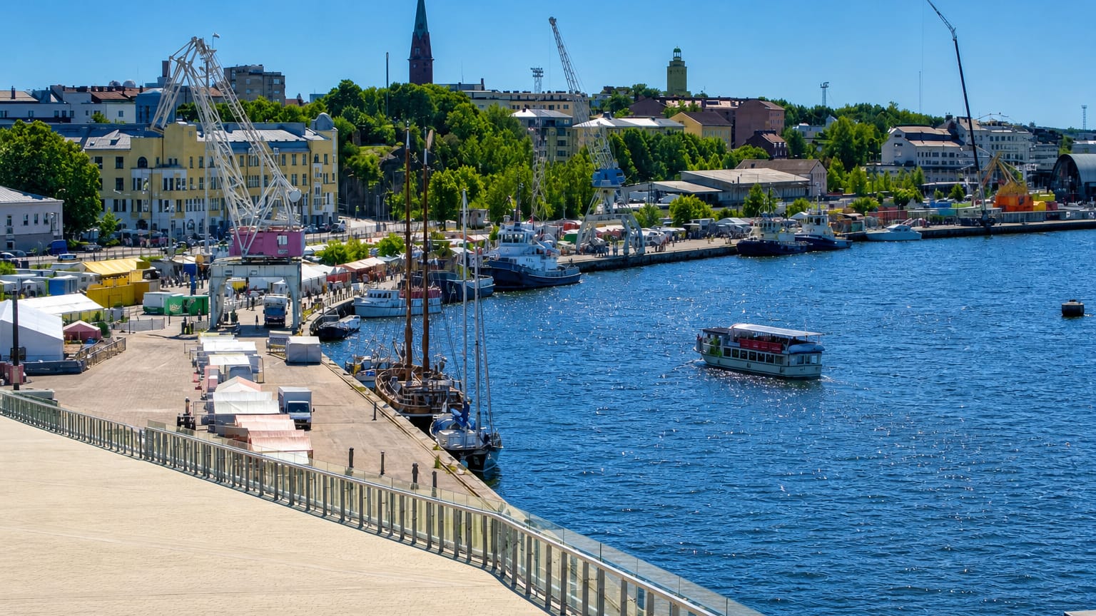 Harbour quay at Kotkansaari, Kotka, with cranes, a moored tall ship, a church spire and a hilltop tower.