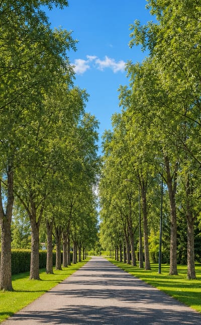 Avenue of trees along a paved lane with a water tower beyond in Sarkola, Kouvola.